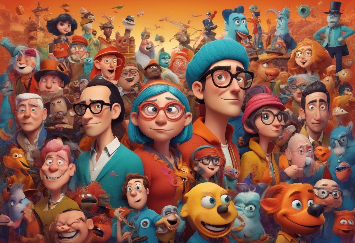 A dynamic collage showcasing various styles of adult animation characters including unique art styles ranging from traditional 2D to modern 3D. The backdrop features iconic scenes from notable series, blending humor and depth, accompanied by a subtle representation of cultural symbols. Bright, high-contrast colors enhance engagement while a textured surface hints at deeper layers of storytelling. surrealistic. vibrant colors. 3D elements.